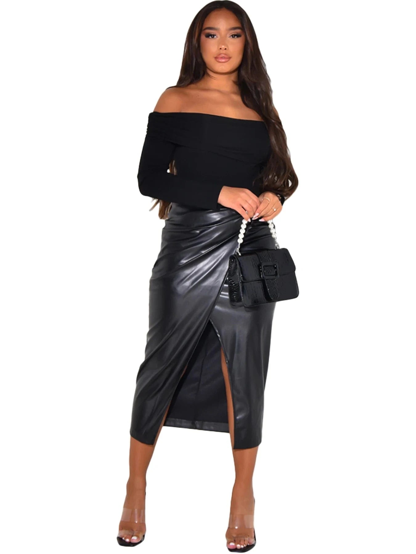 Wholesale 2024 New Arrivals Luxuruy PU Women Clothing High Waist Skirt Faux Leather Midi Skirts