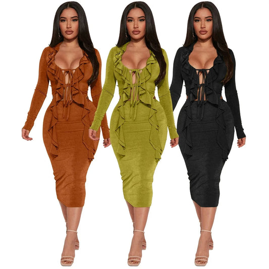Wholesale 2024 New Spring Women's Halter Dresses Sets Ruffle Sexy Two Piece Halter Dresses Sets Elegant Women's Clothing