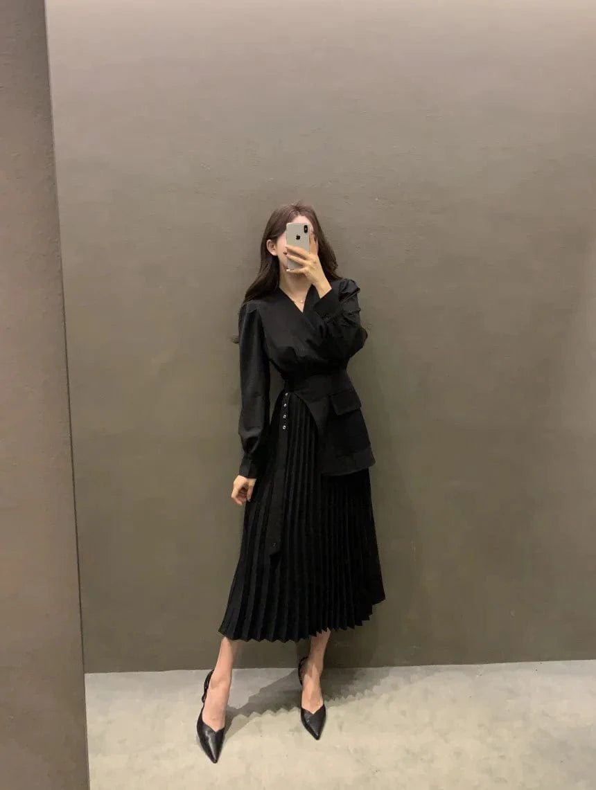 Wholesale 2024 Spring Elegant V-neck Cross Belt Decorative Splicing Design Two Piece Pleated Women's Dress