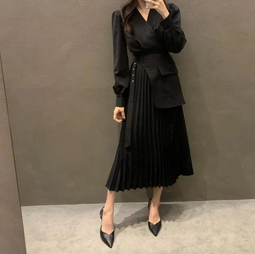 Wholesale 2024 Spring Elegant V-neck Cross Belt Decorative Splicing Design Two Piece Pleated Women's Dress