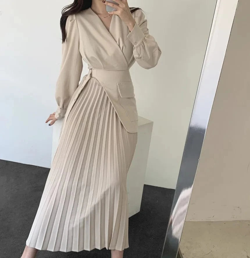 Wholesale 2024 Spring Elegant V-neck Cross Belt Decorative Splicing Design Two Piece Pleated Women's Dress