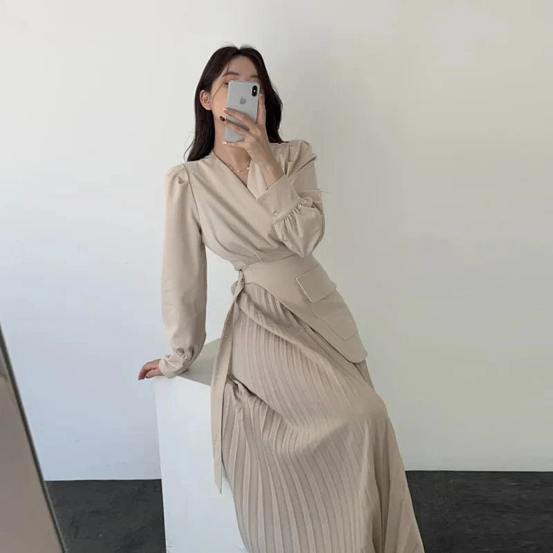 Wholesale 2024 Spring Elegant V-neck Cross Belt Decorative Splicing Design Two Piece Pleated Women's Dress