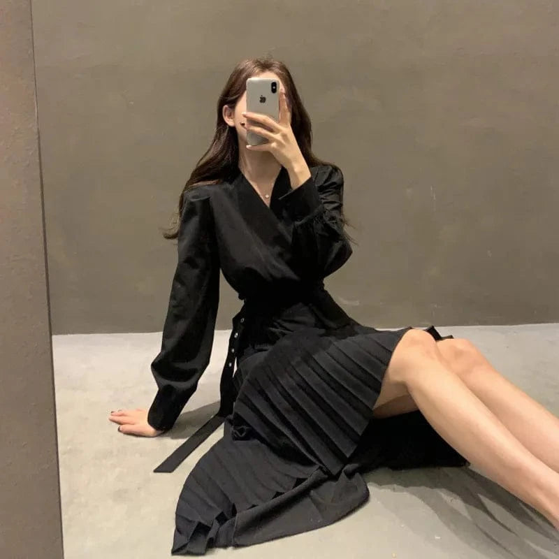 Wholesale 2024 Spring Elegant V-neck Cross Belt Decorative Splicing Design Two Piece Pleated Women's Dress