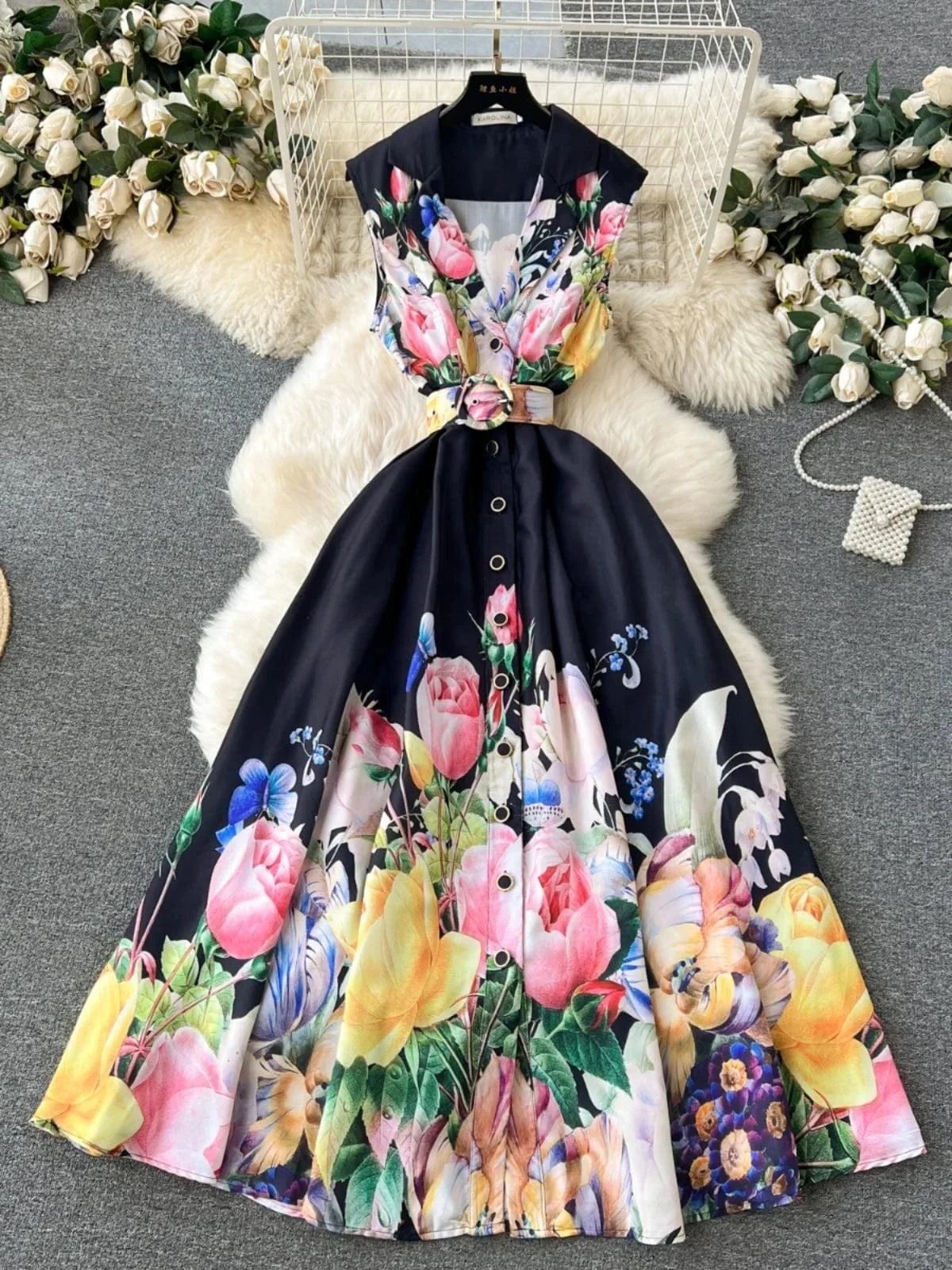 Wholesale 2024 Spring/summer Temperament Sleeveless Suit Collar Waist Single Breasted A-line Printed Women's Dresses