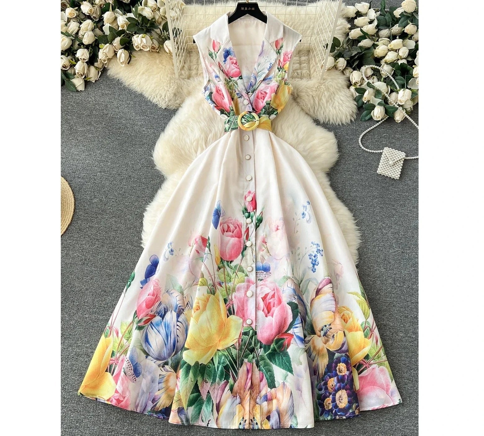 Wholesale 2024 Spring/summer Temperament Sleeveless Suit Collar Waist Single Breasted A-line Printed Women's Dresses
