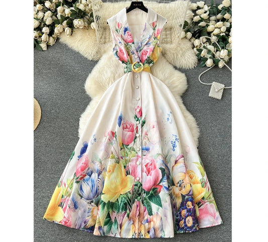 Wholesale 2024 Spring/summer Temperament Sleeveless Suit Collar Waist Single Breasted A-line Printed Women's Dresses