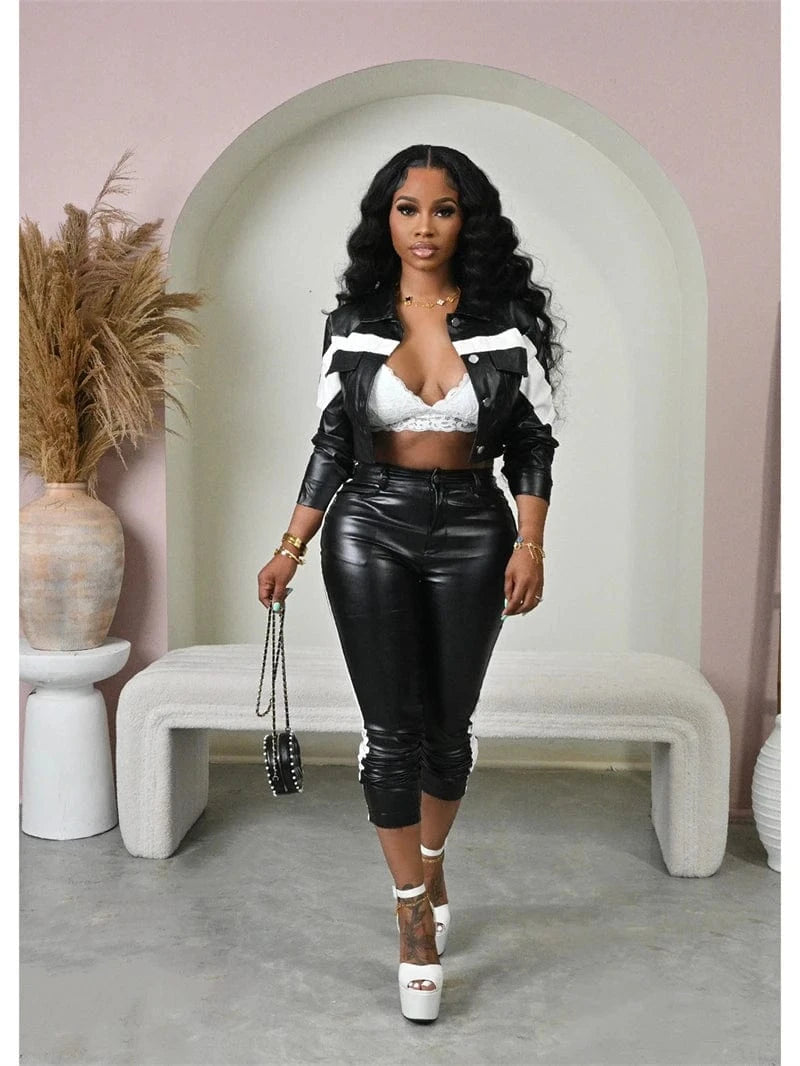 wholesale 2024 spring woman elegant pink faux PU leather two 2 piece jacket and pants set women ladies outfit clothes clothing