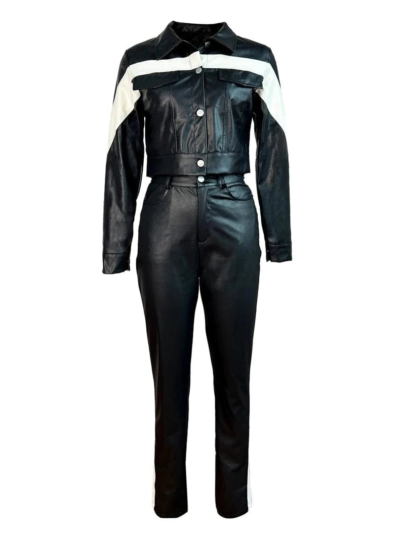 wholesale 2024 spring woman elegant pink faux PU leather two 2 piece jacket and pants set women ladies outfit clothes clothing