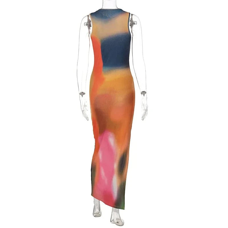 Wholesale 2024 summer fashion sleeveless bodycon dress tie dye casual midi slit dresses women