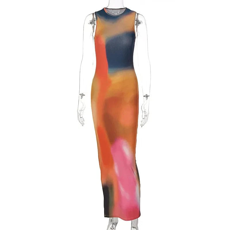 Wholesale 2024 summer fashion sleeveless bodycon dress tie dye casual midi slit dresses women