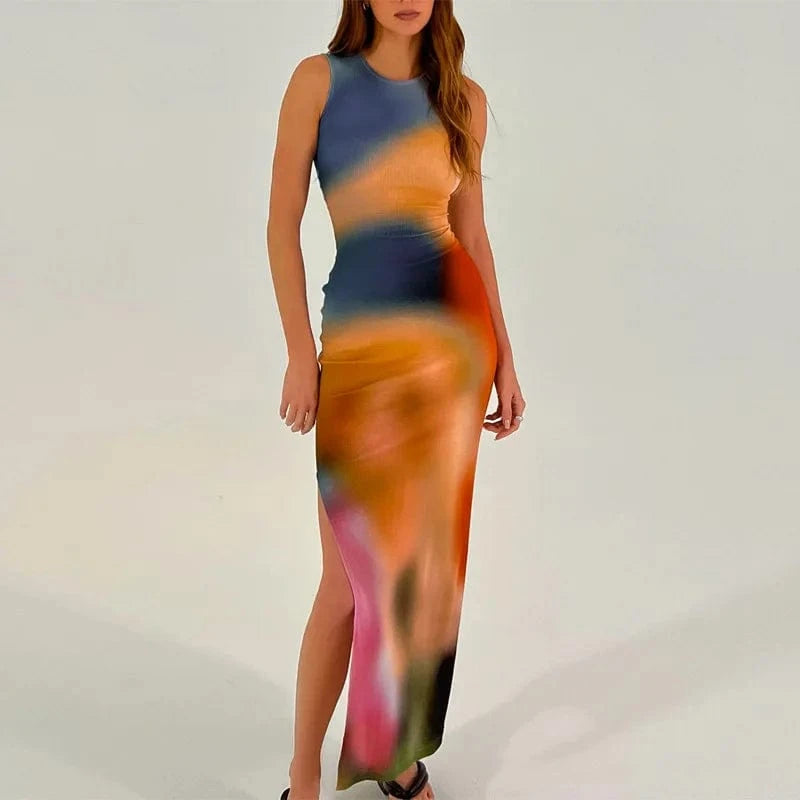 Wholesale 2024 summer fashion sleeveless bodycon dress tie dye casual midi slit dresses women