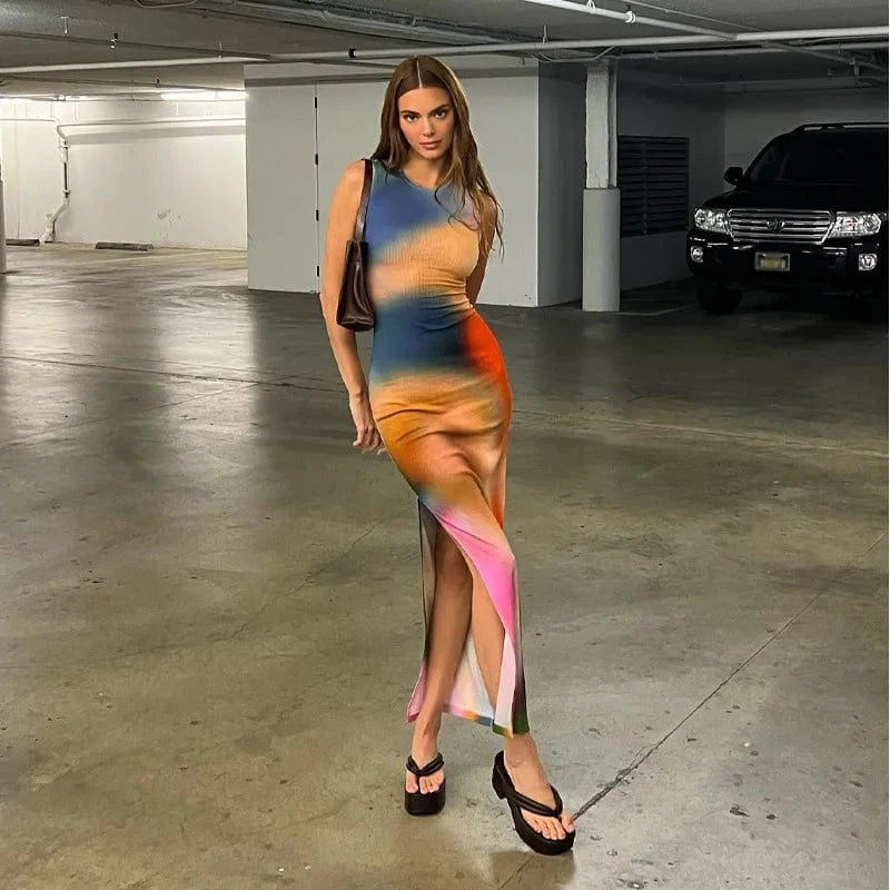 Wholesale 2024 summer fashion sleeveless bodycon dress tie dye casual midi slit dresses women