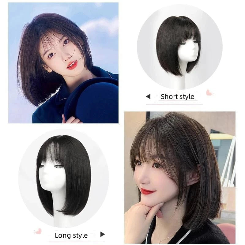 Wholesale 30cm Bone Straight Bob Wig Bangs Machine Made Black Human Hair Topper Wig for Women