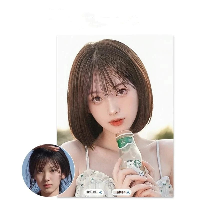 Wholesale 30cm Bone Straight Bob Wig Bangs Machine Made Black Human Hair Topper Wig for Women