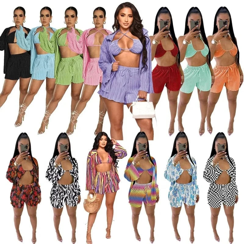 Wholesale american boutique clothing women 2024 sexy bikinis fall cardigan long sleeve wide leg pants three piece women's sets