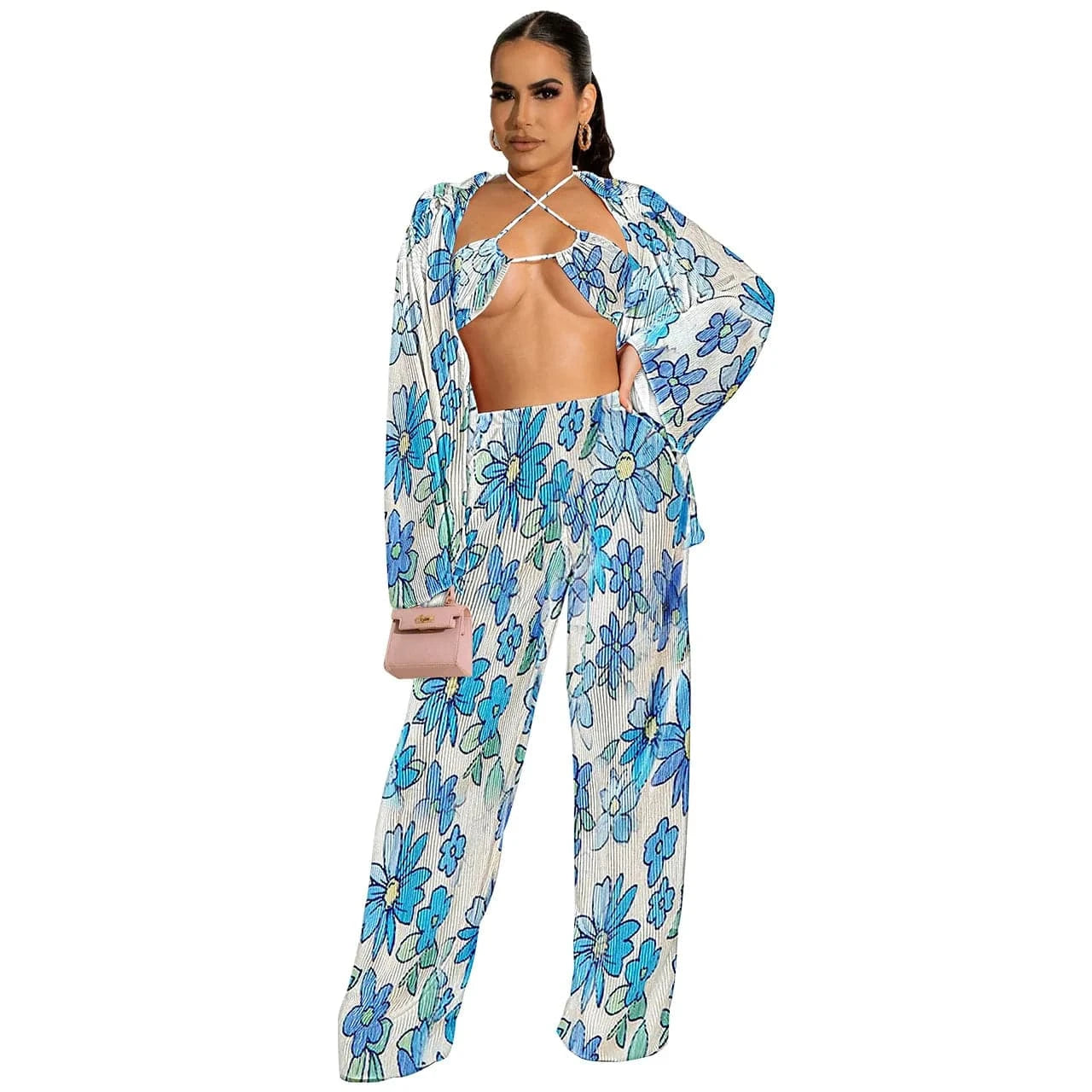 Wholesale american boutique clothing women 2024 sexy bikinis fall cardigan long sleeve wide leg pants three piece women's sets