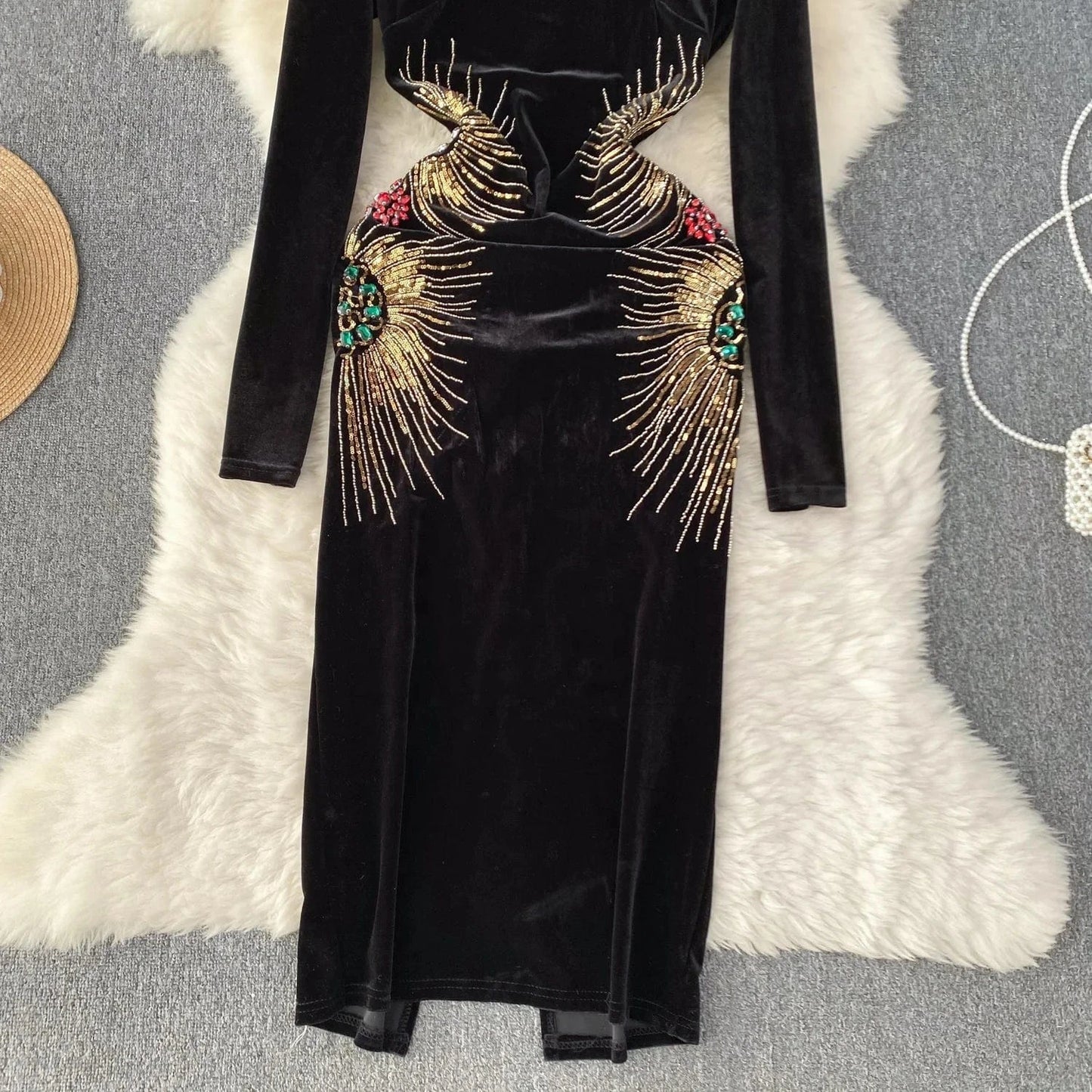 Wholesale Black Women Party Gown Beaded Plus Size Velvet Ladies Luxury Mini Evening Dress