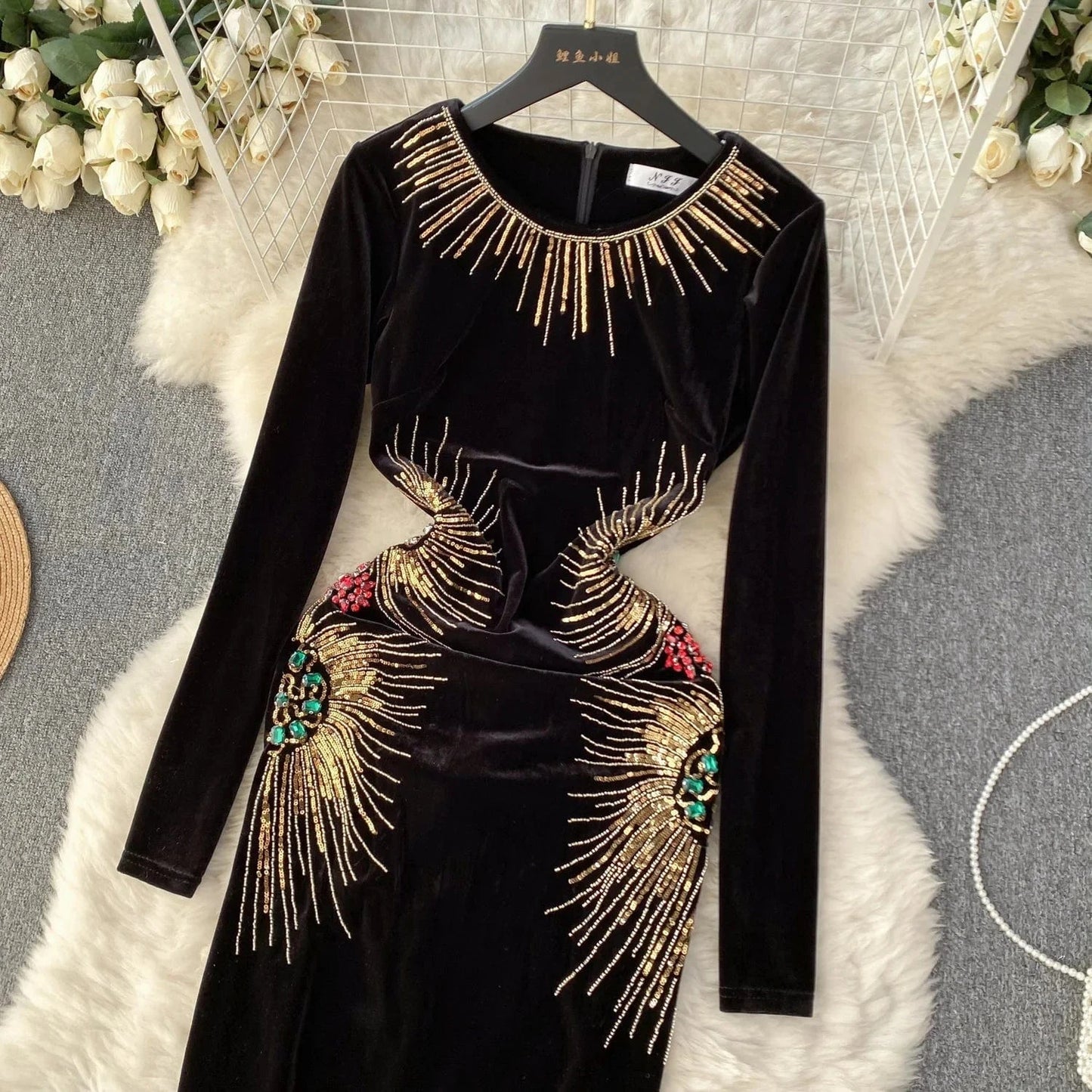 Wholesale Black Women Party Gown Beaded Plus Size Velvet Ladies Luxury Mini Evening Dress