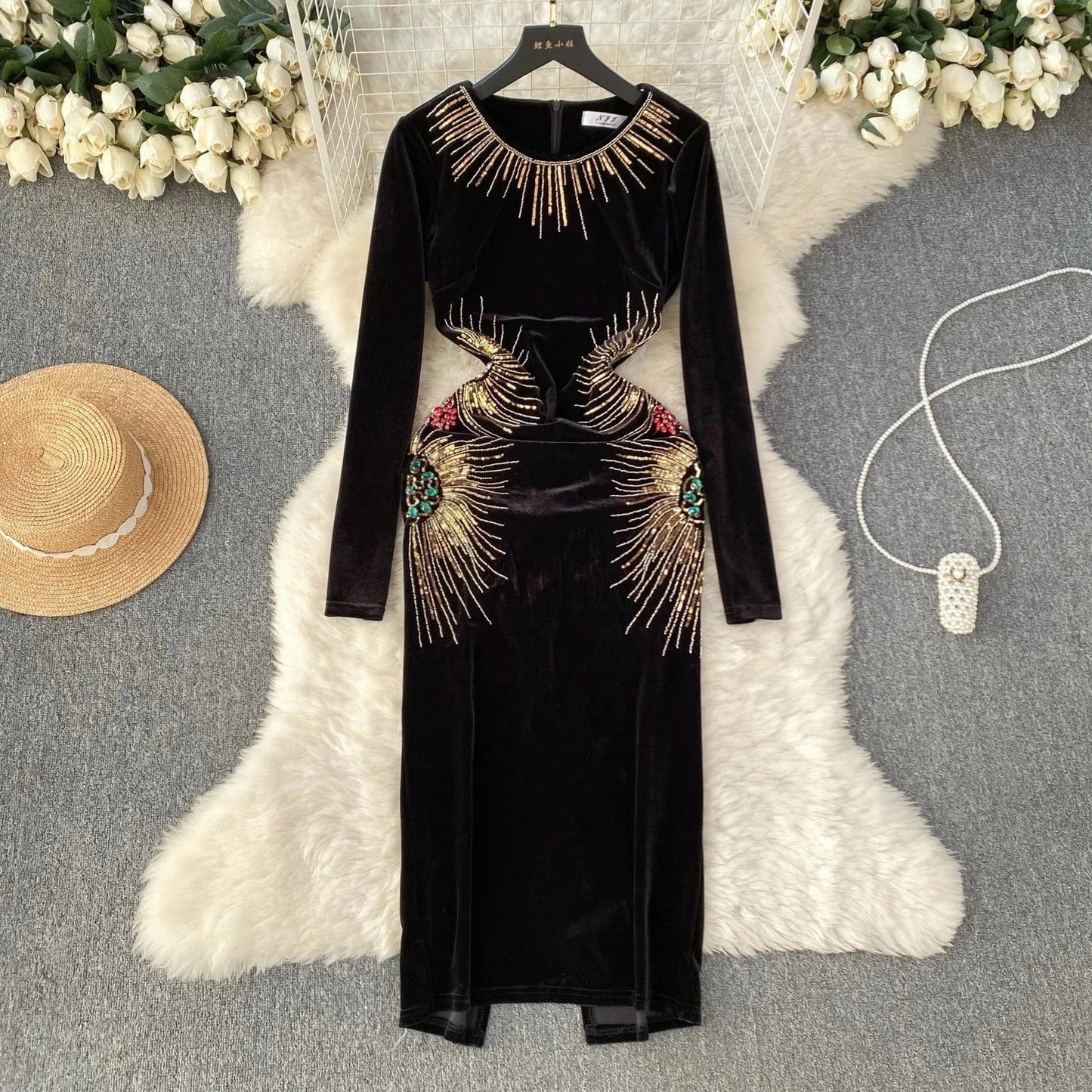 Wholesale Black Women Party Gown Beaded Plus Size Velvet Ladies Luxury Mini Evening Dress
