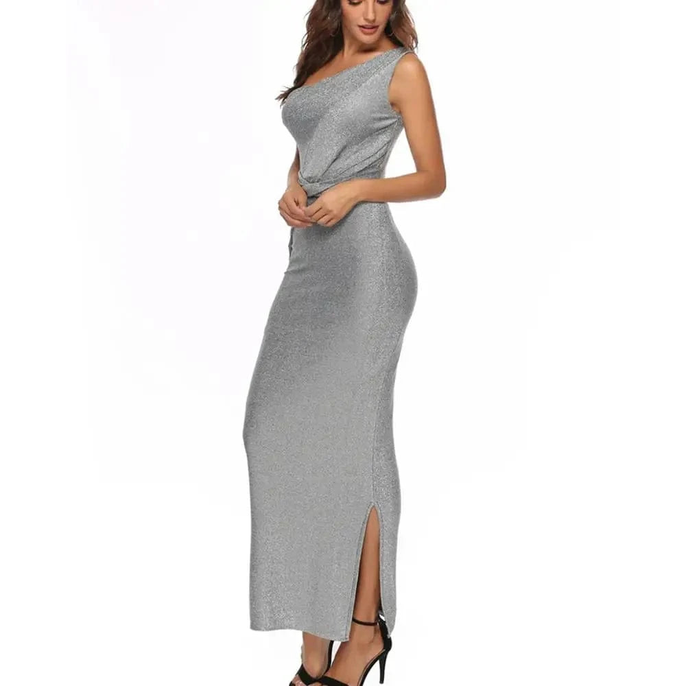 Wholesale bling bling sliver color One-Shoulder elegant bodycon sexy party ladies evening dress