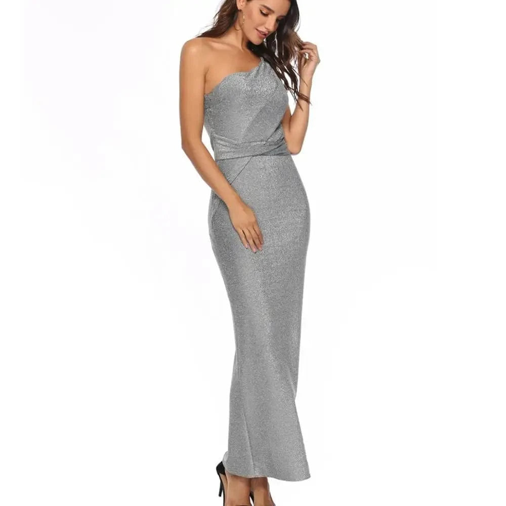 Wholesale bling bling sliver color One-Shoulder elegant bodycon sexy party ladies evening dress