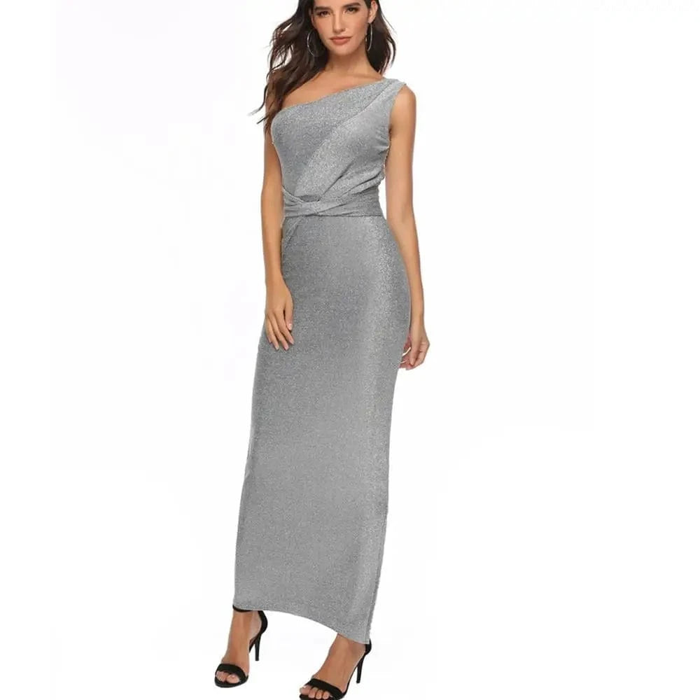 Wholesale bling bling sliver color One-Shoulder elegant bodycon sexy party ladies evening dress