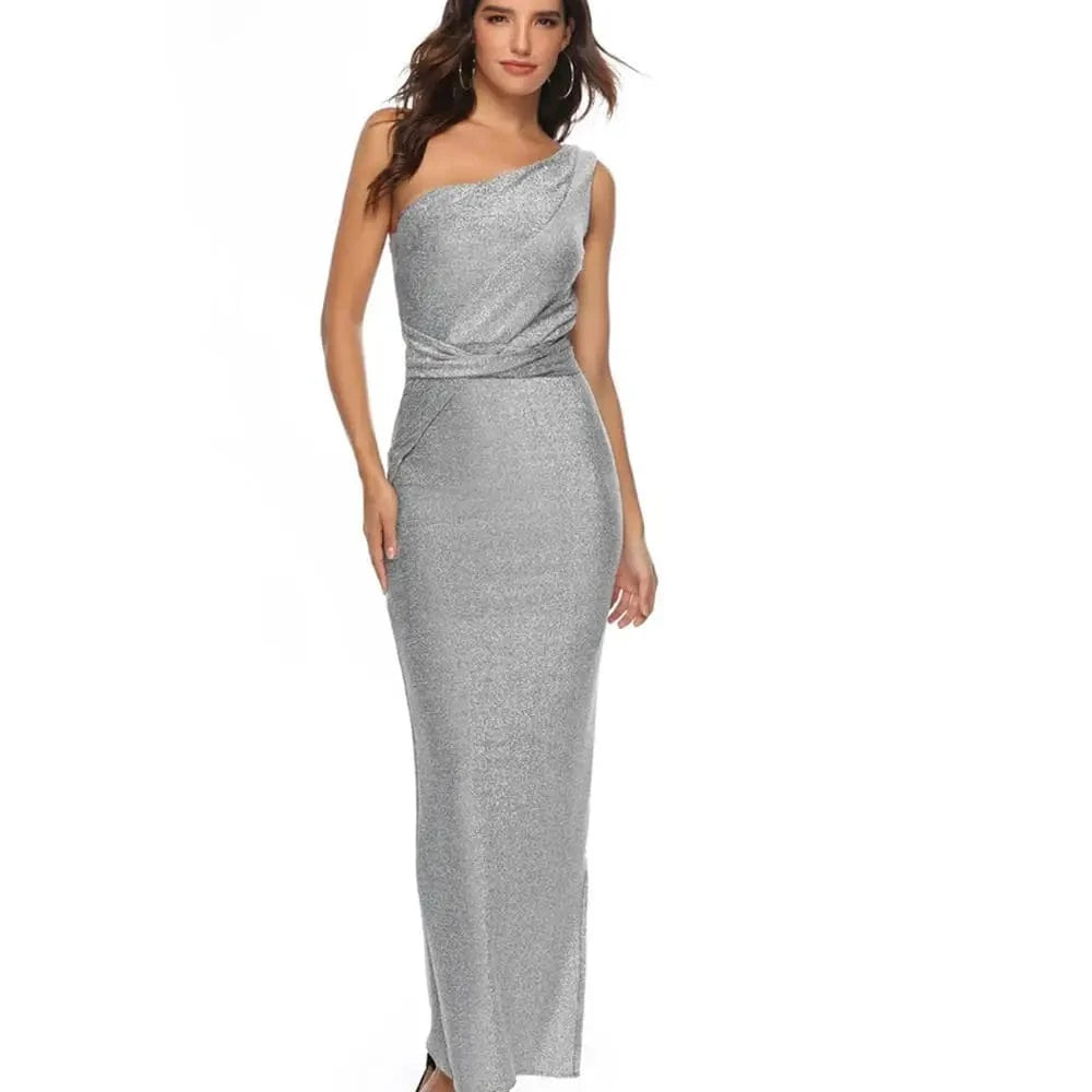 Wholesale bling bling sliver color One-Shoulder elegant bodycon sexy party ladies evening dress