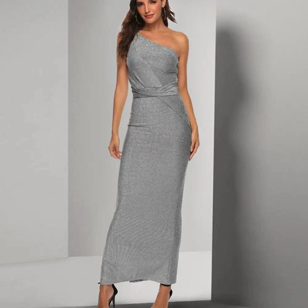 Wholesale bling bling sliver color One-Shoulder elegant bodycon sexy party ladies evening dress