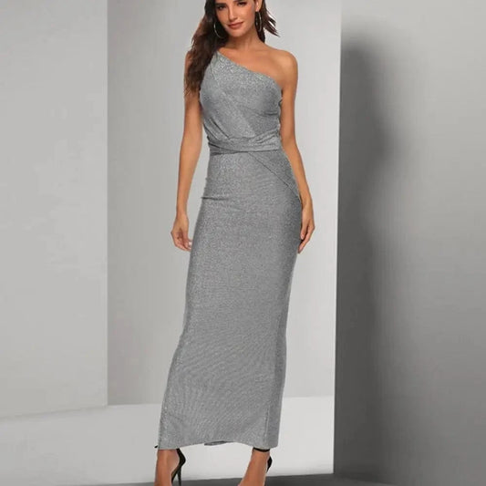 Wholesale bling bling sliver color One-Shoulder elegant bodycon sexy party ladies evening dress