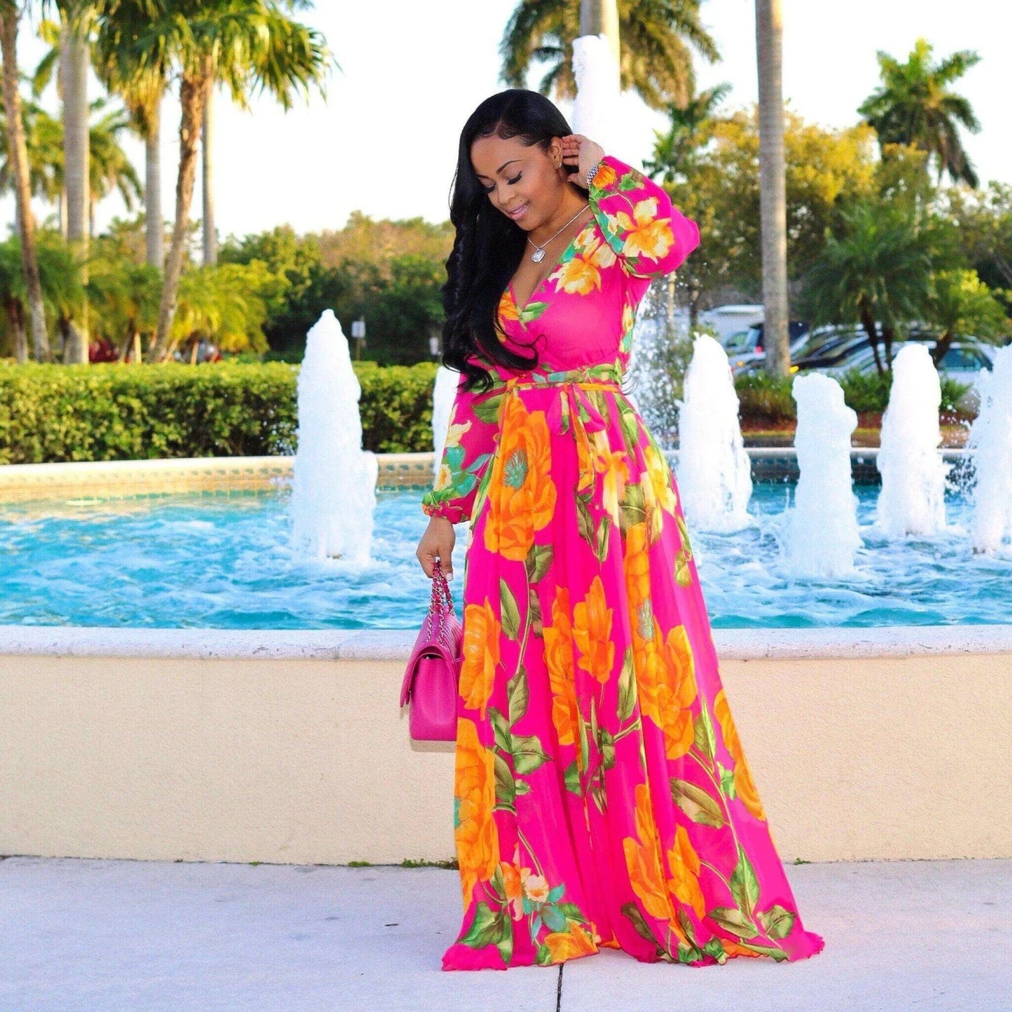Wholesale Bohemia Woman Casual Dress Plus Size African Style V Neck Floral Print Chiffon Maxi Dresses Clothing Women Summer 2022