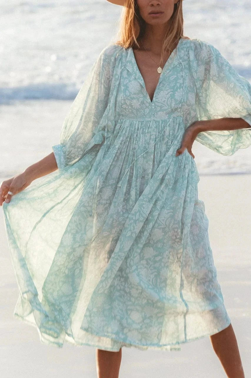 Wholesale Casual Beach Vacation Style Swing Boho Floral Maxi Dresses Short Sleeves Loose Plus Size Bohemian Dress