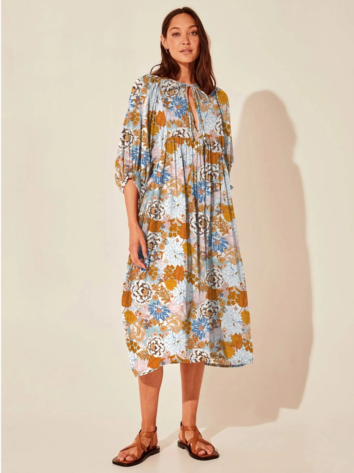 Wholesale Casual Beach Vacation Style Swing Boho Floral Maxi Dresses Short Sleeves Loose Plus Size Bohemian Dress