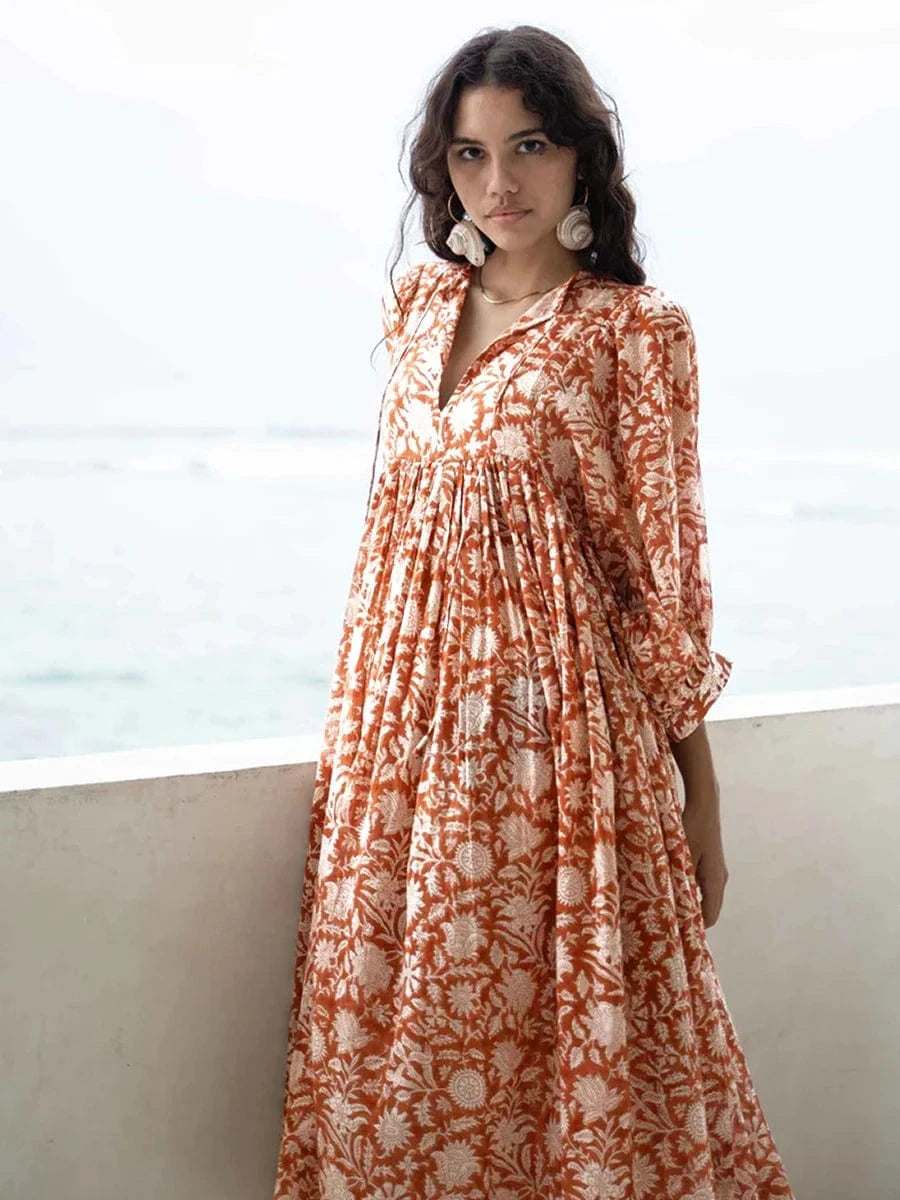 Wholesale Casual Beach Vacation Style Swing Boho Floral Maxi Dresses Short Sleeves Loose Plus Size Bohemian Dress