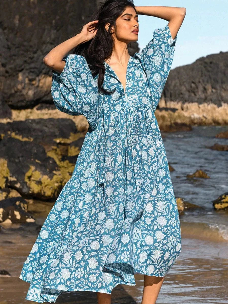 Wholesale Casual Beach Vacation Style Swing Boho Floral Maxi Dresses Short Sleeves Loose Plus Size Bohemian Dress