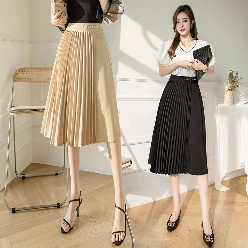 Wholesale Casual Fashion Faldas S-XL Elegant Office Ladies Skirt Patchwork Saias High Waist Pleated Midi Skirts Womens