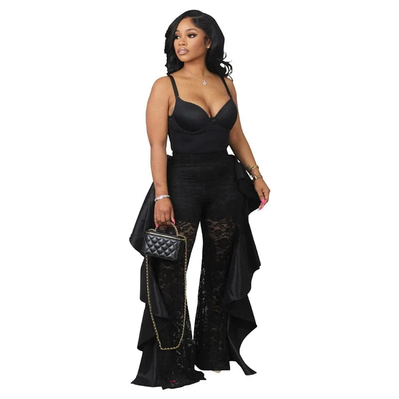 wholesale custom 2024 summer women ladies y2k knitted white high waist stretch ruffle lace wide leg flare long pants with ruffle