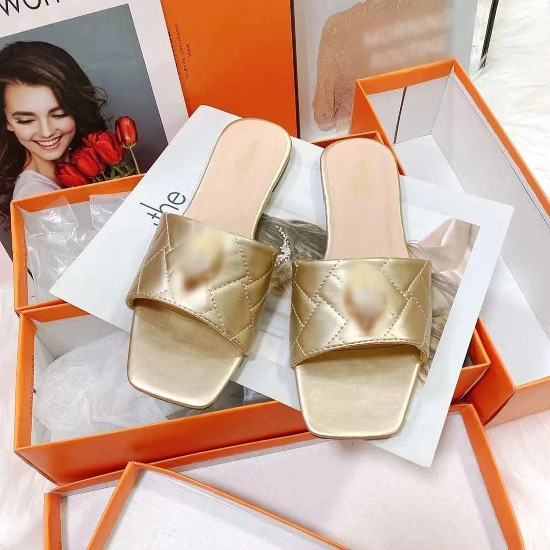 Wholesale designer brand sandal fashion ladies flat sandals summer black PU leather slippers for women 2024