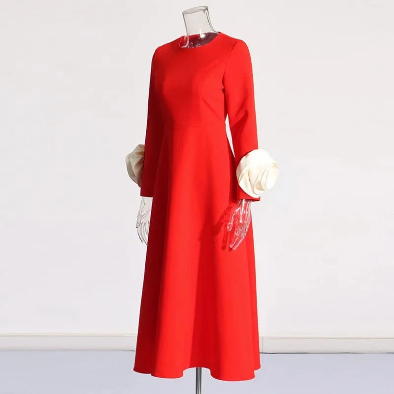 Wholesale Dress 2024 Spring Summer Fashion Style Women Flower Deco Long Sleeve Elegant Red Black Elegant Long Maxi Dress XL Size