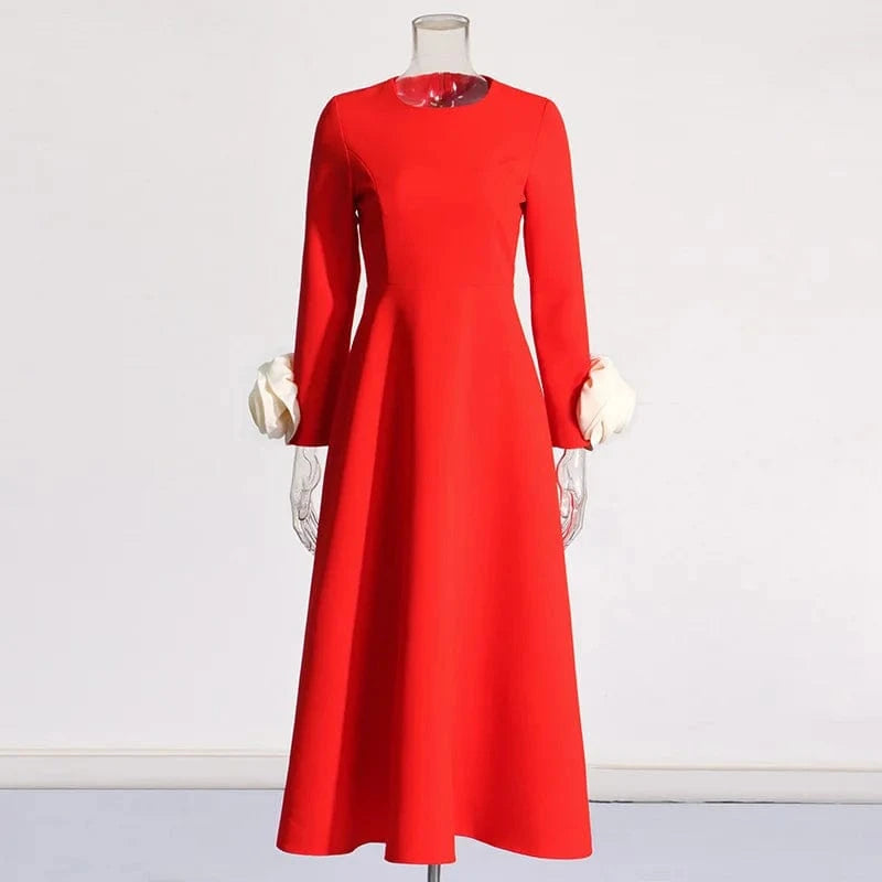 Wholesale Dress 2024 Spring Summer Fashion Style Women Flower Deco Long Sleeve Elegant Red Black Elegant Long Maxi Dress XL Size