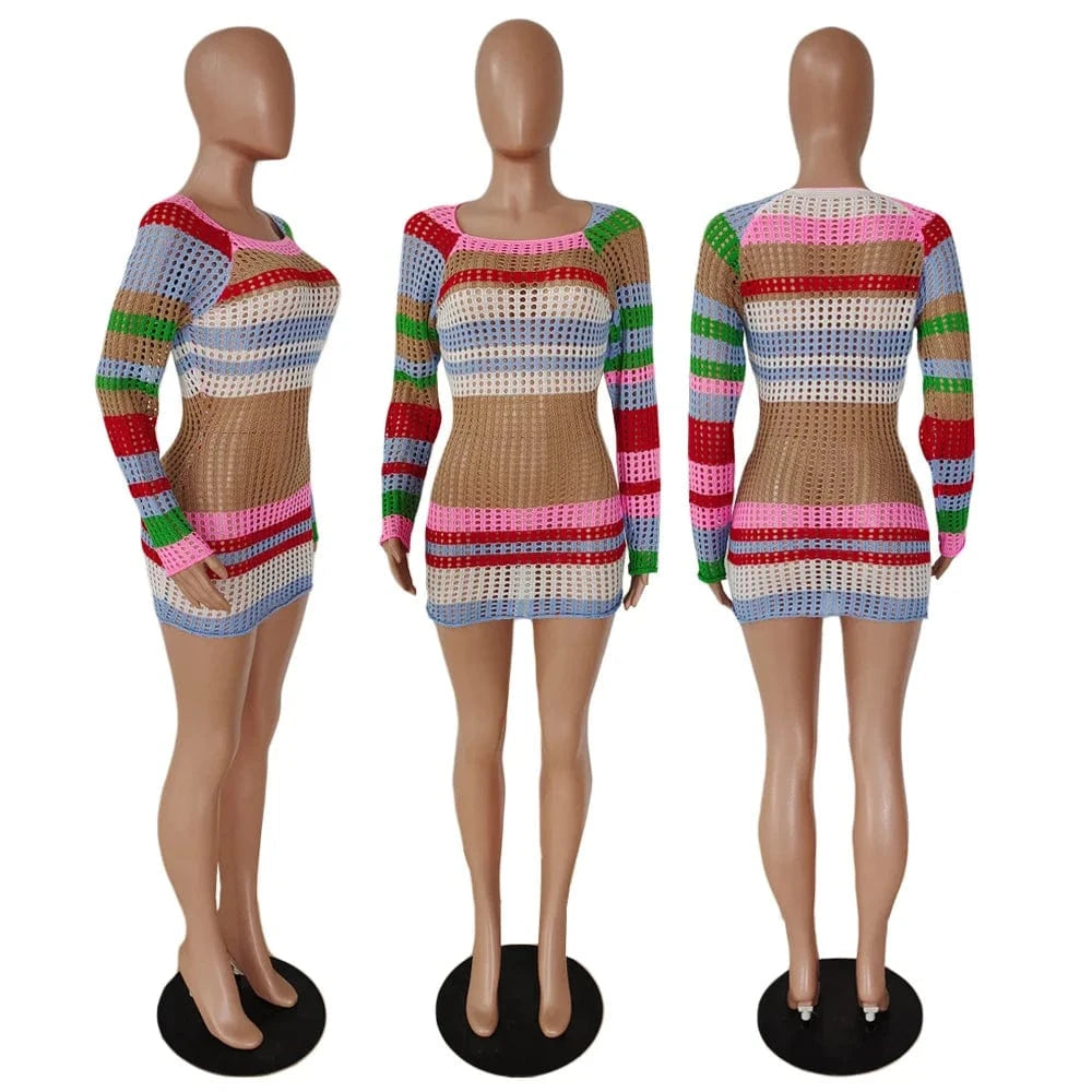 Wholesale fashion stripe hollow out long sleeve dress knitted sweater short dress women clothing