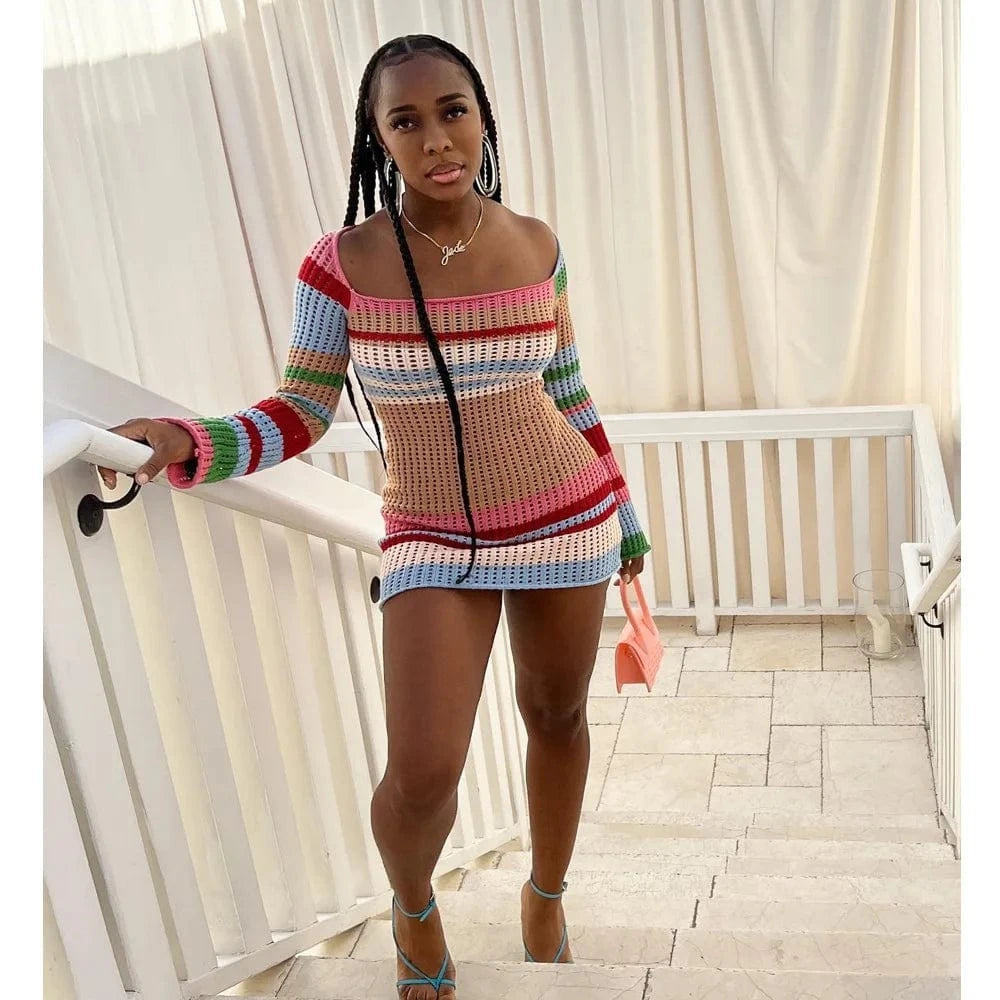 Wholesale fashion stripe hollow out long sleeve dress knitted sweater short dress women clothing