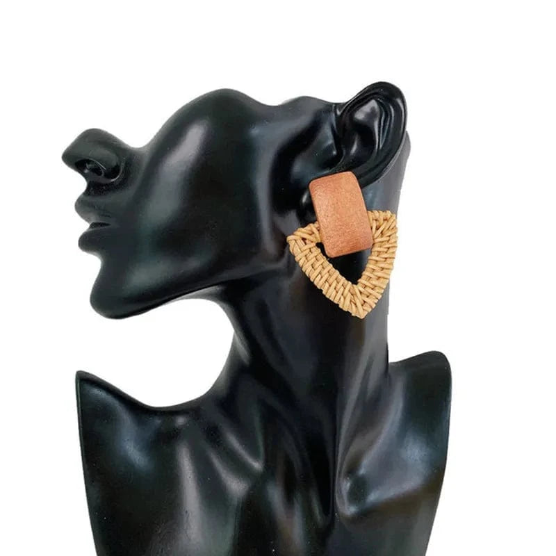 Wholesale Handmade Wood Boho Statement Earrings Natural Rattan Knit Straw Stud Earrings for Women