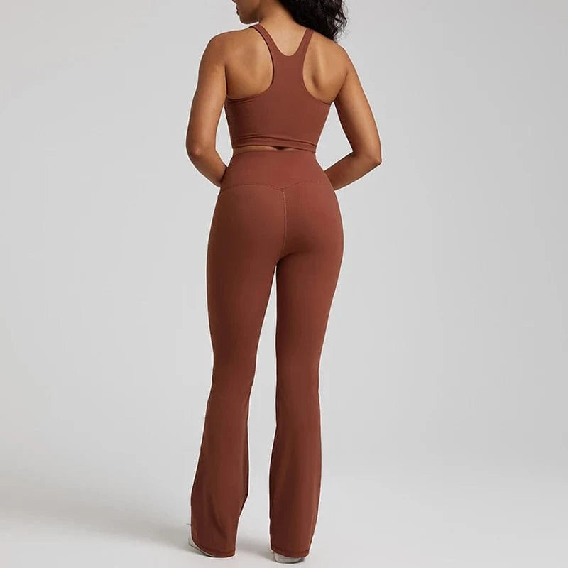 Wholesale High Neck Racer Back Sports Bra Wide Leg Flared Pants No Front Seam Line Legging Workout Fitness Gym Wear Yoga Set