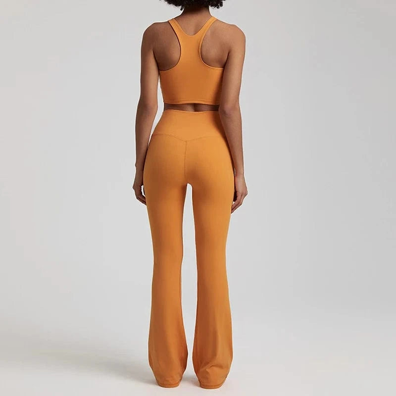 Wholesale High Neck Racer Back Sports Bra Wide Leg Flared Pants No Front Seam Line Legging Workout Fitness Gym Wear Yoga Set