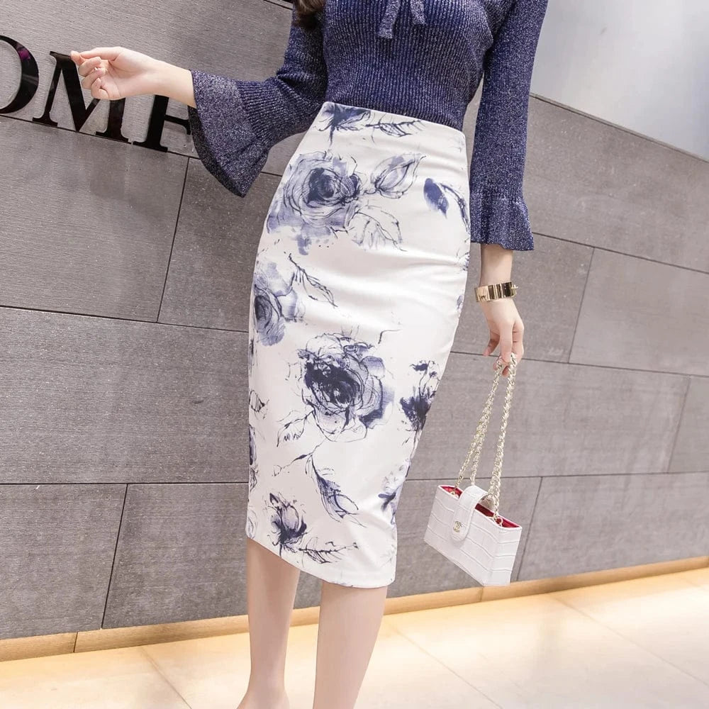 Wholesale Hot Sale Casual Fashion Clothes Floral Print Office Ladies Package Hip Pencil Skirts OL Women Skirt