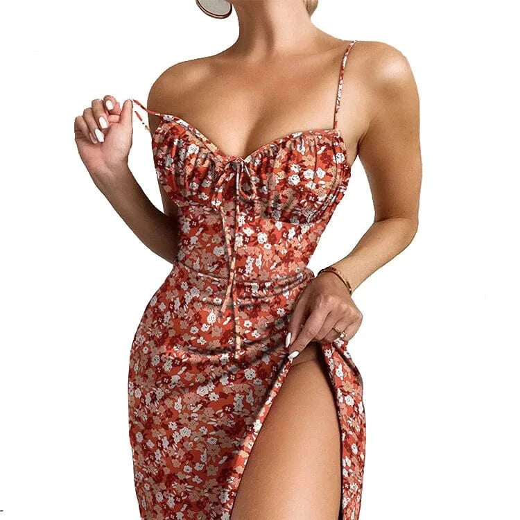 Wholesale Ladies High Quality Floral Dress Elegant Slip Dress With Slit Women Clothing Summer 2024 Sexy Floral Casual Dresses
