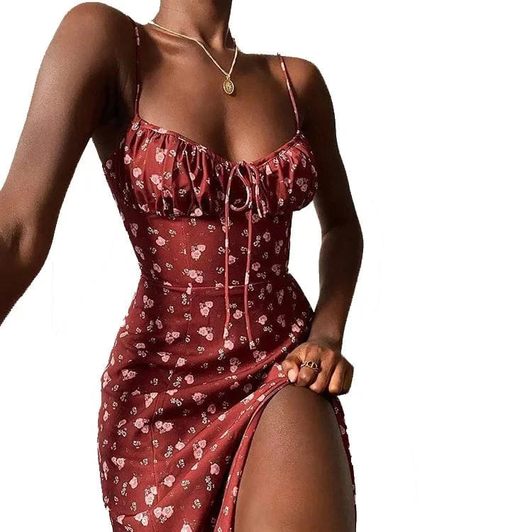 Wholesale Ladies High Quality Floral Dress Elegant Slip Dress With Slit Women Clothing Summer 2024 Sexy Floral Casual Dresses