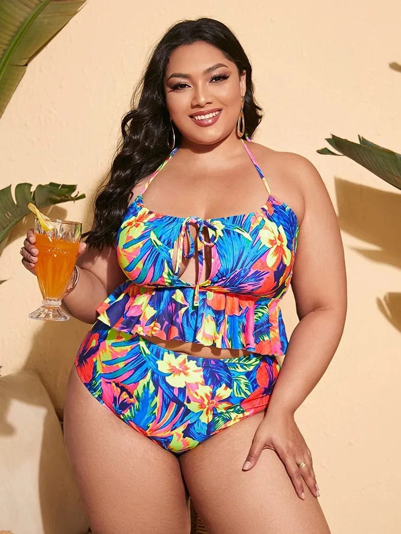Wholesale Large Size Swimwear Floral Print Fat Women Sexy Swimsuit Big Bathing Suit Halter High Waist Plus Size Bikini Set 2023