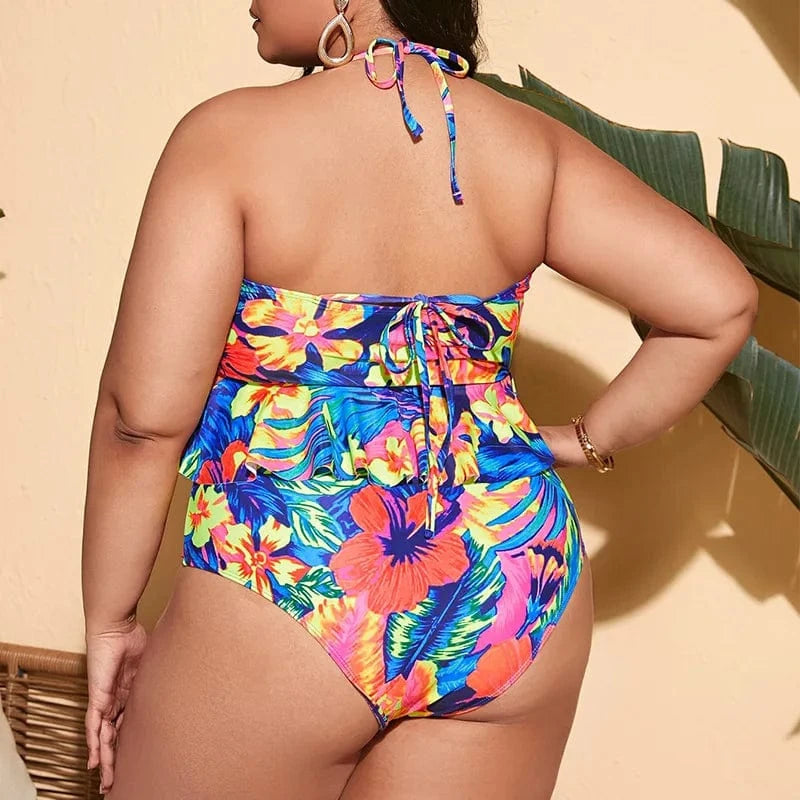 Wholesale Large Size Swimwear Floral Print Fat Women Sexy Swimsuit Big Bathing Suit Halter High Waist Plus Size Bikini Set 2023