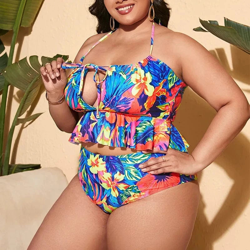 Wholesale Large Size Swimwear Floral Print Fat Women Sexy Swimsuit Big Bathing Suit Halter High Waist Plus Size Bikini Set 2023